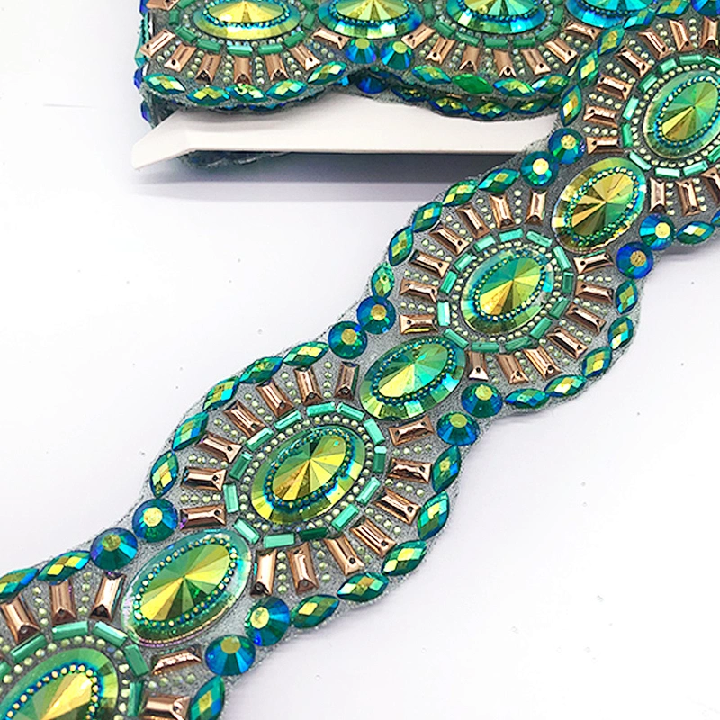 Sewn or Hot Fix Sparkle green AB Crystal Diamond trim for Prom Dresses Belt Applique