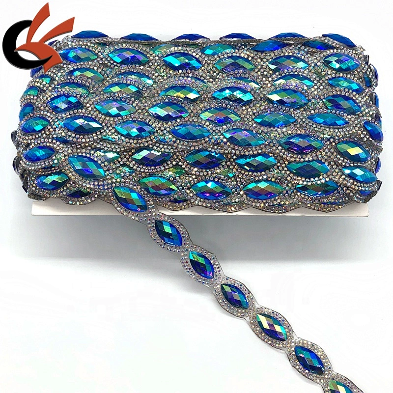 Newest AB colors crystal fancy iron on hot fix tape trimming for dress decoration