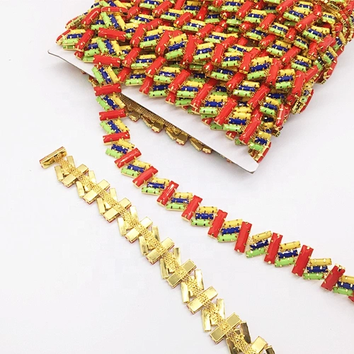 Custom free collocation mixed resin colors gold plated rhinestone wristband sash chain trims for garment
