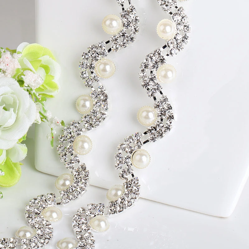 hot sell crystal pearl rhinestone metal chain trim for bridal dress decoration