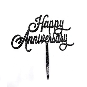Happy Anniversary Topper Glitter Gold Black Acrylic Cake Topper for Wedding Anniversary Cake Accessories