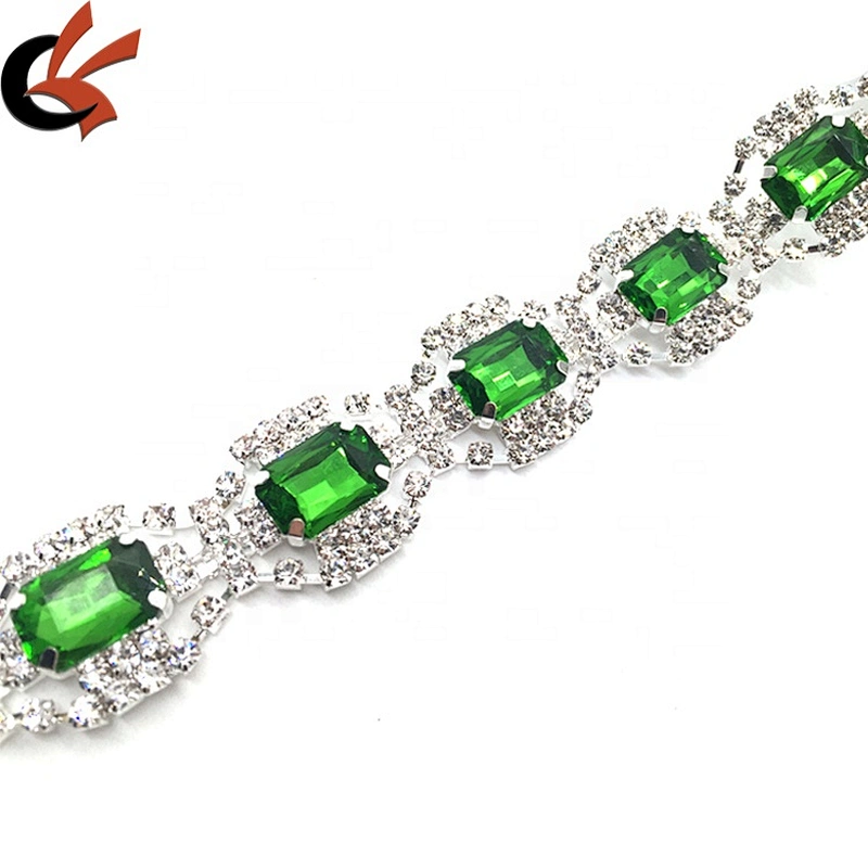Customs Rhinestone Decoration Sew on Olive Green Chain Trims For Wedding Dancing Dress