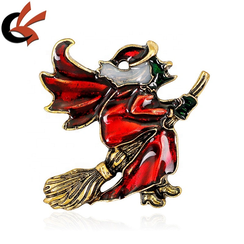 Factory customized Halloween party gift old gold plating red witch enamel brooch pin