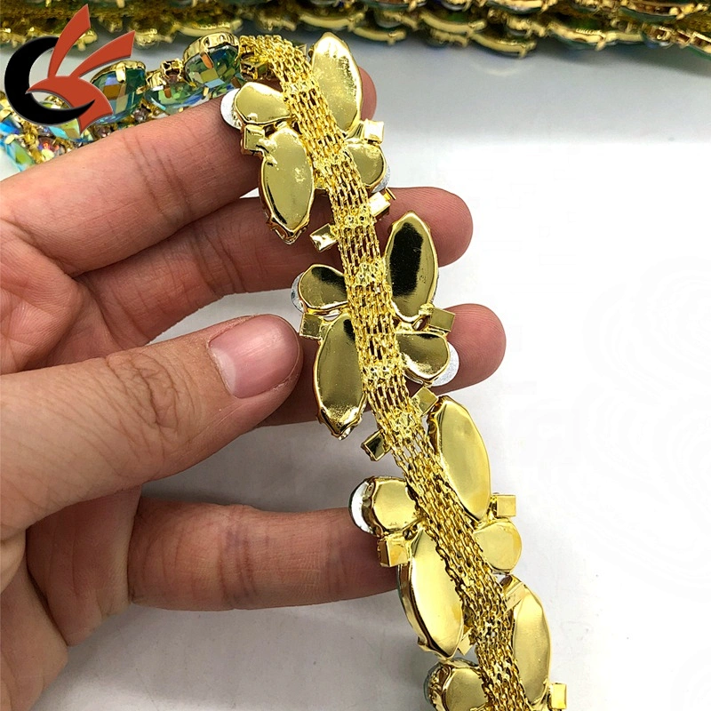 Factory Customized Shining Green AB crystal gems rhinestone beaded trimming for costume decoration