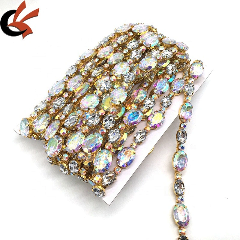 Shiny Oval Shape AB Crystal Acrylic Rhinestones Chain Trimming For Garment Making