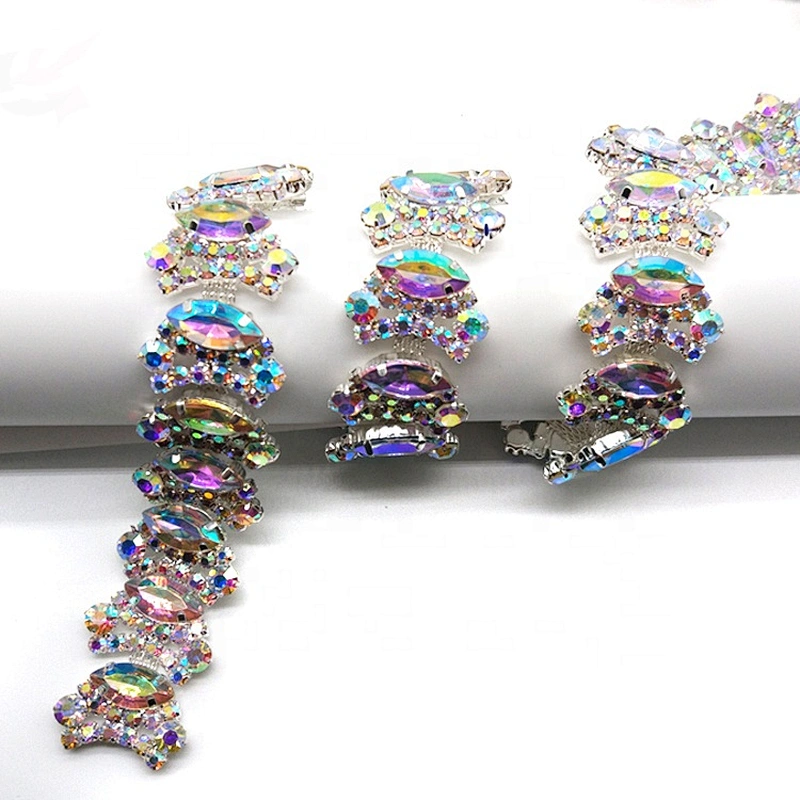 Factory supply Show Costume Applique AB Clear Glass Rhinestone GOLD Trim