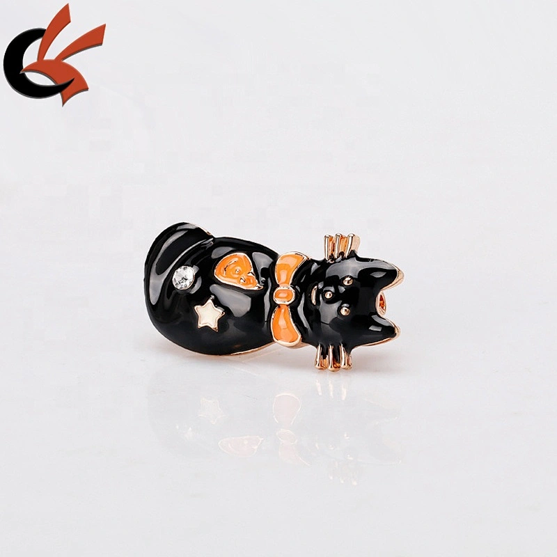 Funny halloween lovely black cat enamel brooch with clear crystal rhinestone decoration