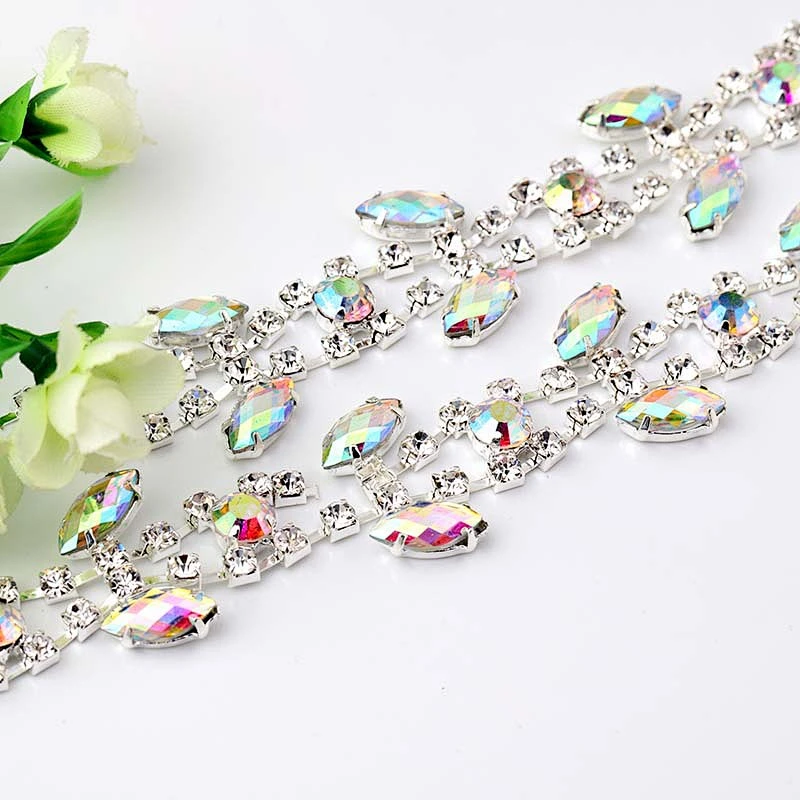 Sew-on crystal rhinestone AB silver head chain for bridal jewelry