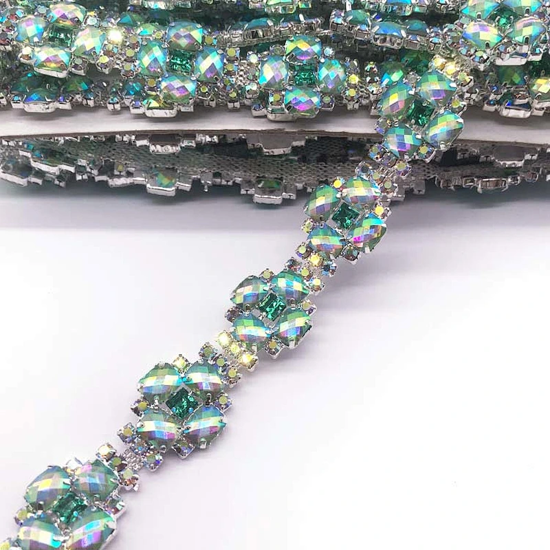 Costume Applique resin AB stone Rhinestone silver Chain Sew On Rhinestone trim for Wedding Cake Decoration