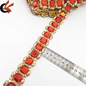 Crystal Rhinestone Gold Setting Red Beads Bridal Trim Square Stones Rhinestone Chain Trims