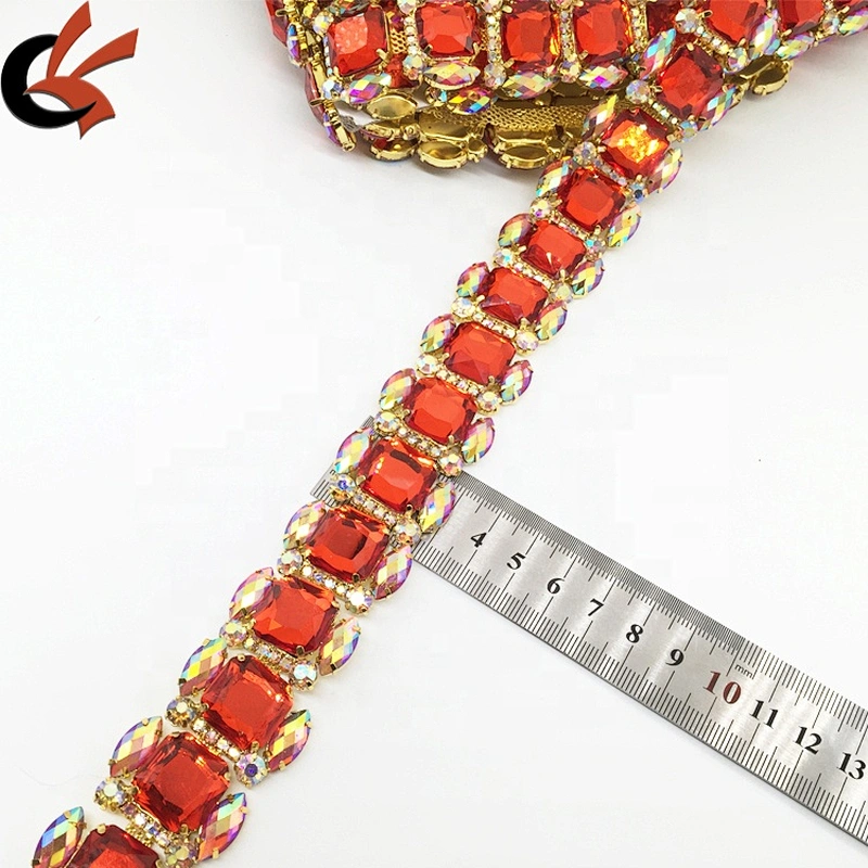 Crystal Rhinestone Gold Setting Red Beads Bridal Trim Square Stones Rhinestone Chain Trims