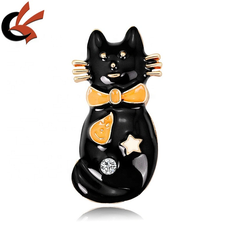 Funny halloween lovely black cat enamel brooch with clear crystal rhinestone decoration