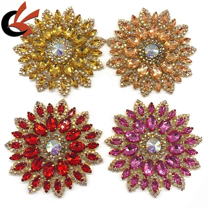 Flower Color Crystal AB Rhinestone Applique silver Gold Costume Dress sew on