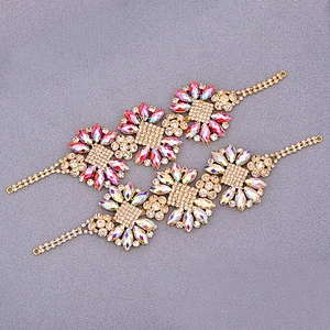 Custom Design Beaded Rhinestone Applique Patch Gold Claw Crystal Flower Applique Sewing Flatback Glass Crystal Chain
