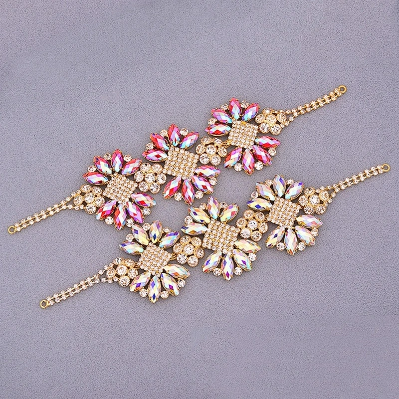 Custom Design Beaded Rhinestone Applique Patch Gold Claw Crystal Flower Applique Sewing Flatback Glass Crystal Chain