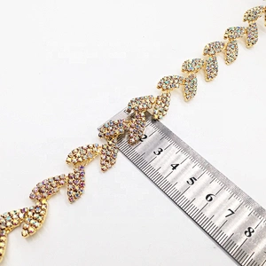Sparkling Crystal Gold Colours With AB Stones Leaf Shaped Rhinestone Banding Chain Trim