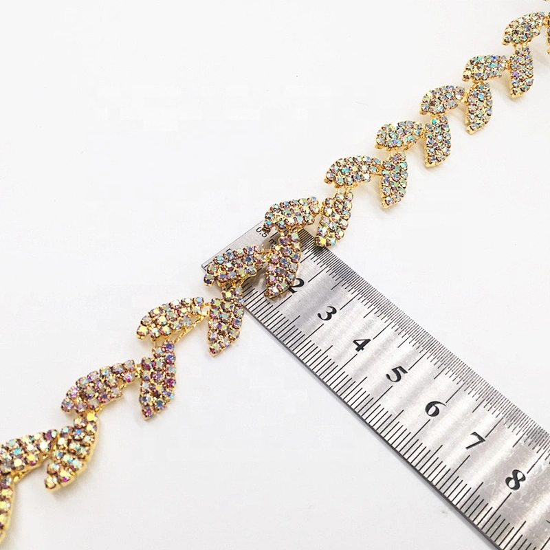 Sparkling Crystal Gold Colours With AB Stones Leaf Shaped Rhinestone Banding Chain Trim