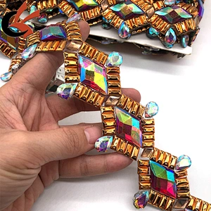 Carnival bra decoration rhinestone iron on trims gold color gems heat transfer trimming