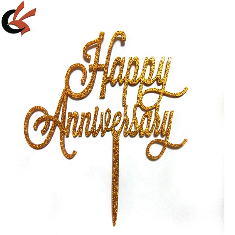 Happy Anniversary Topper Glitter Gold Black Acrylic Cake Topper for Wedding Anniversary Cake Accessories