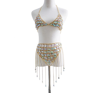 Sexy Luxury AB Gemstone Bikini Skirt Top Bra Chain Body Jewelry Body Chain Dress For Women Girls