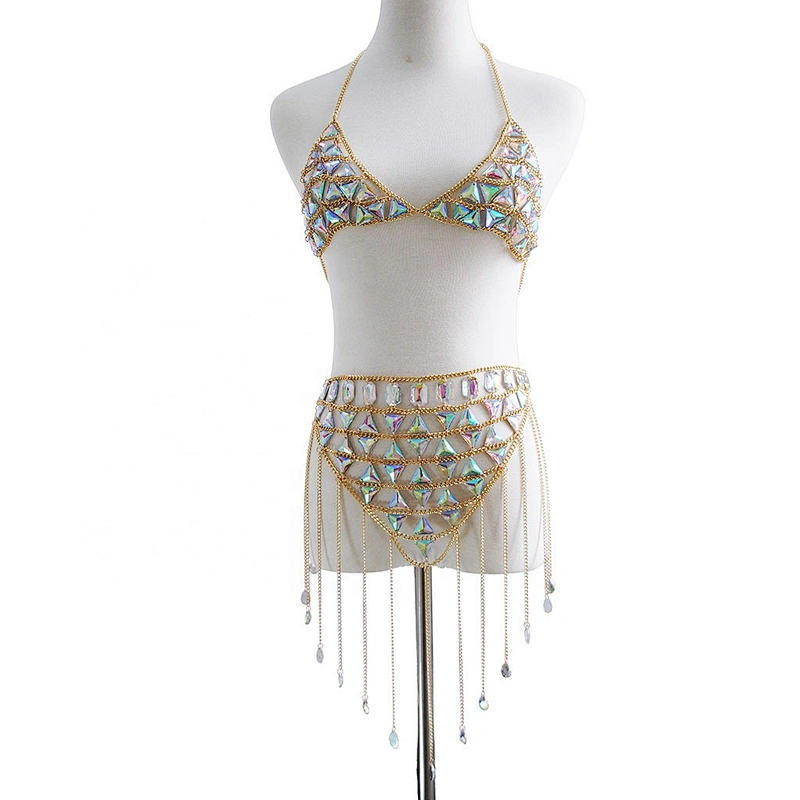 Sexy Luxury AB Gemstone Bikini Skirt Top Bra Chain Body Jewelry Body Chain Dress For Women Girls