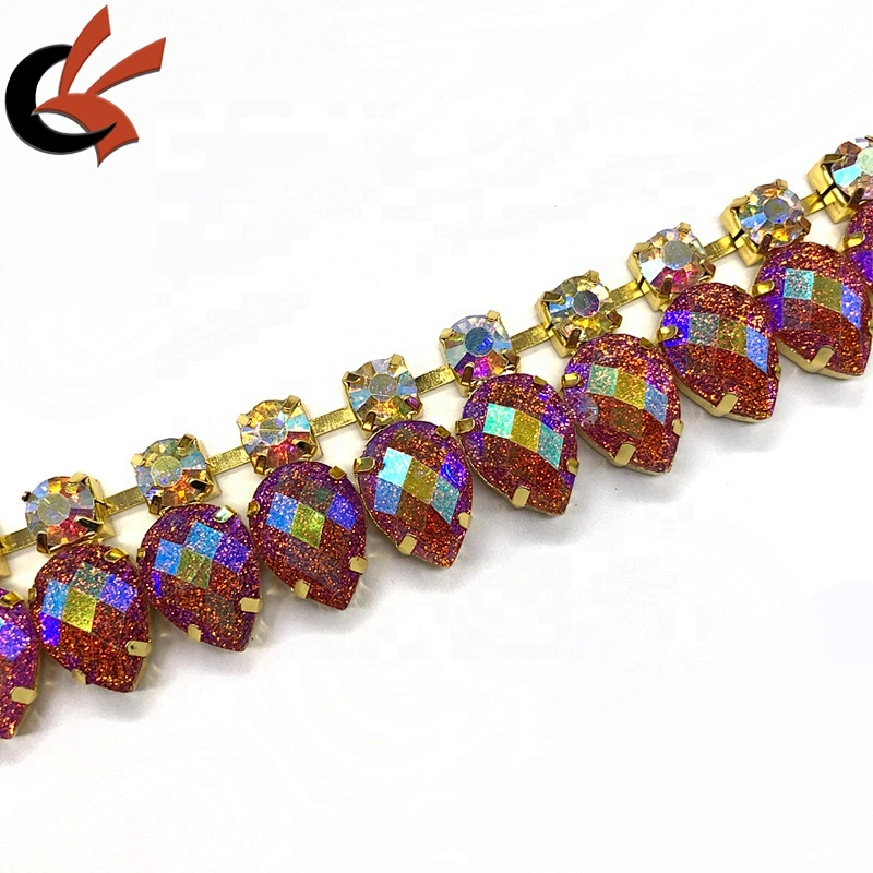 Glitter orange AB resin rhinestone beaded chain trimming