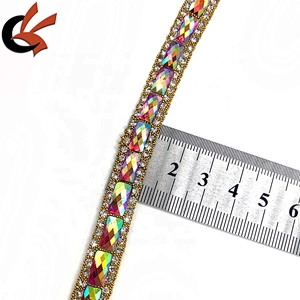 Wholesale Red AB hot fix rhinestone trims iron on crystal ribbon trimming