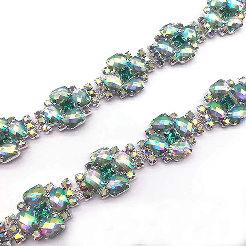 Costume Applique resin AB stone Rhinestone silver Chain Sew On Rhinestone trim for Wedding Cake Decoration