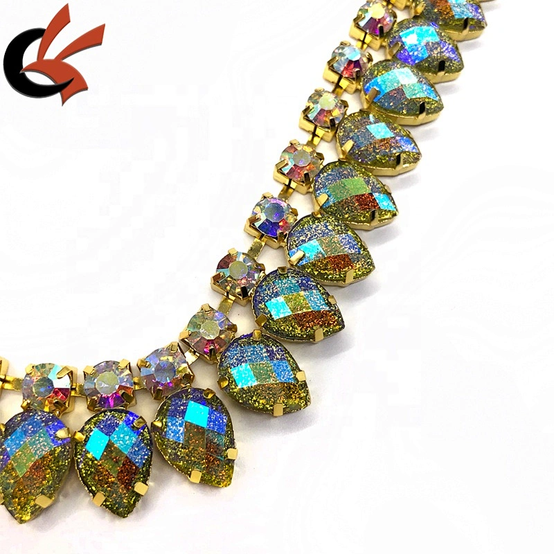 Garment decoration drop crystal green glitter AB resin rhinestone chain trims