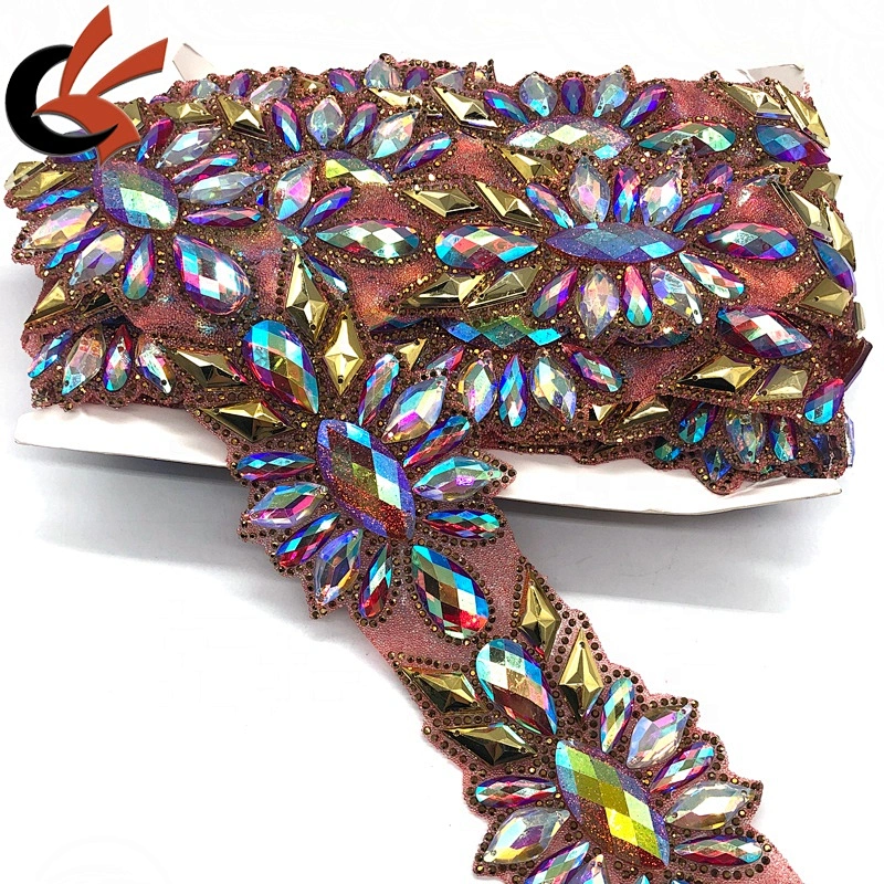 Big size Sewing Decoration Appliques Motif Hot Fix Rhinestone Tape Trim  For Dresses