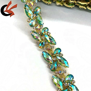 Factory Customized Shining Green AB crystal gems rhinestone beaded trimming for costume decoration