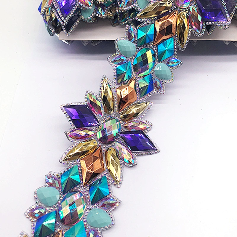 Iron on Colorful AB Rhinestone Trim Chain Strass Banding Resin Applique for Clothes Crafts