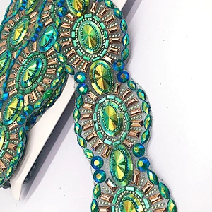 Sewn or Hot Fix Sparkle green AB Crystal Diamond trim for Prom Dresses Belt Applique