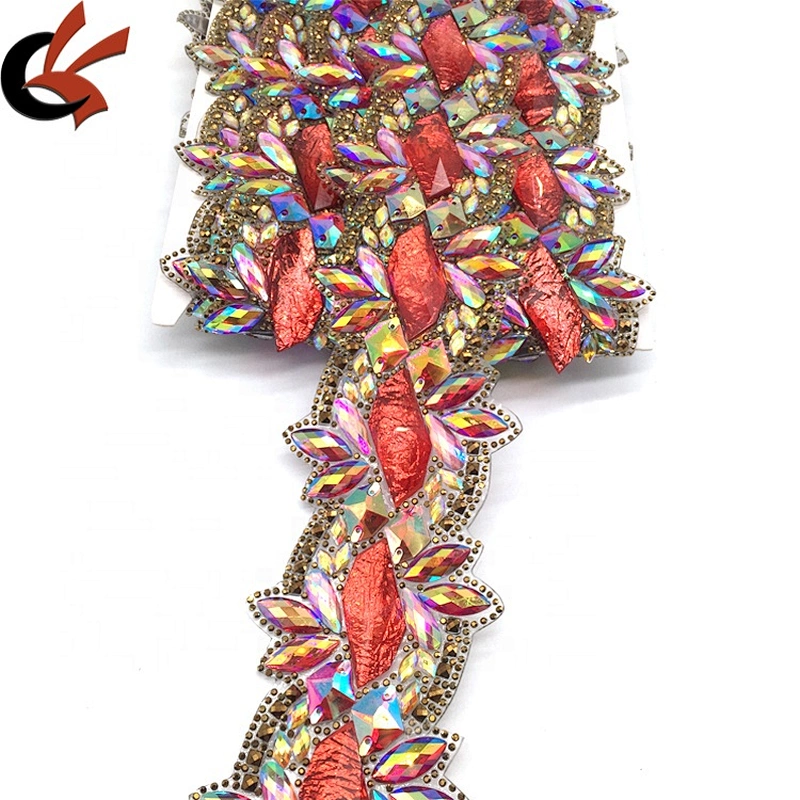 Red hot fix large width crystal beaded resin applique rhinestone chain crystal trim for clothing