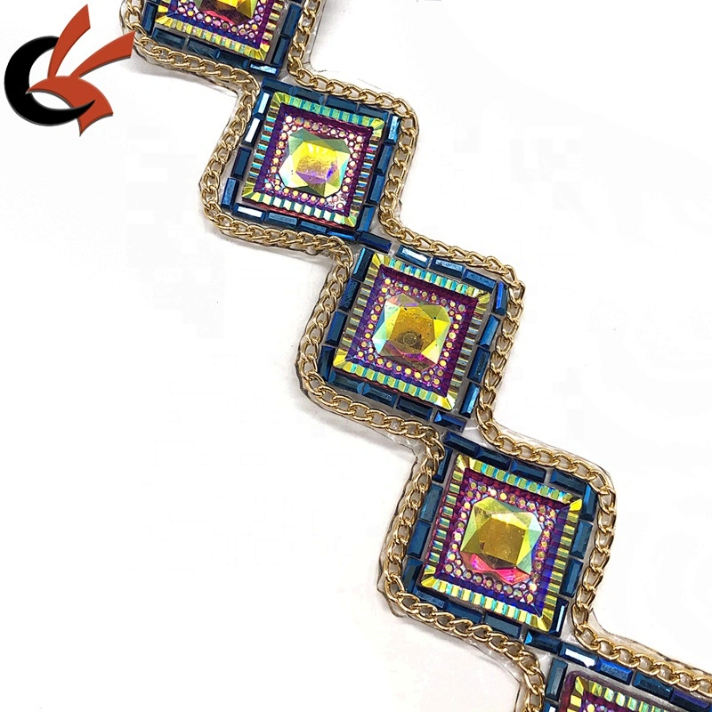 Factory direct sales New arrival metal chain resin rhinestone fancy hot fix tape trimming