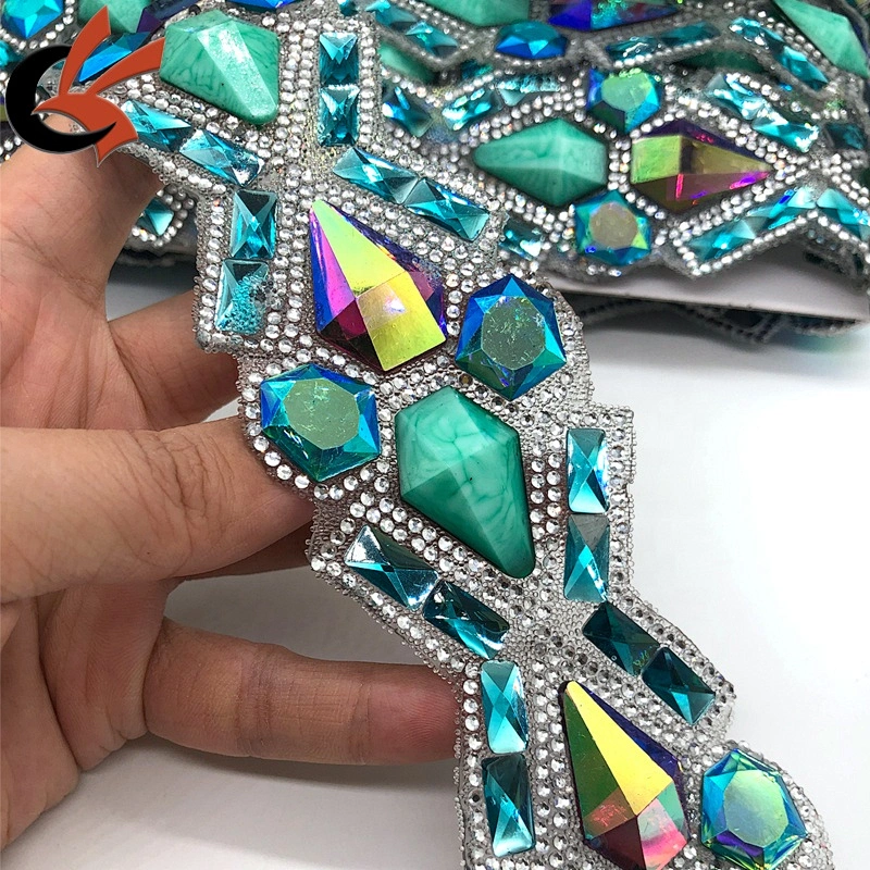 Wholesale Hot Fix Rhinestones Trimming Turquoise Resin Hotfix Crystal Banding Applique for Dress