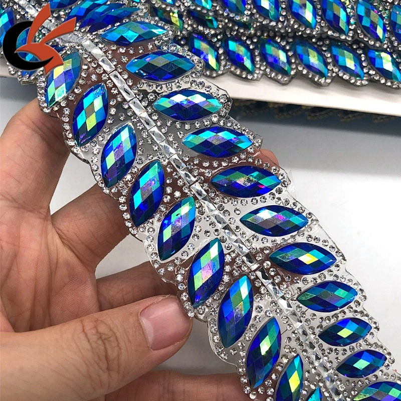 Carnival Embellishment blue AB leaf shapes hot fix rhinestone motif trim