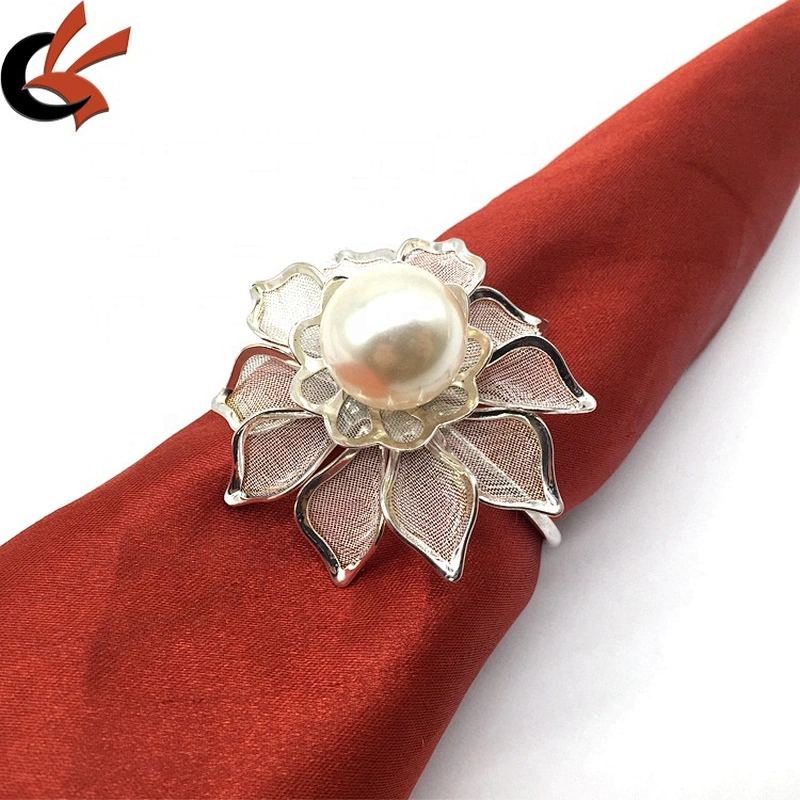 Guangzhou Factory Anniversary Wedding Occasion Silver Lace Lotus Flower Beads Napkin Ring