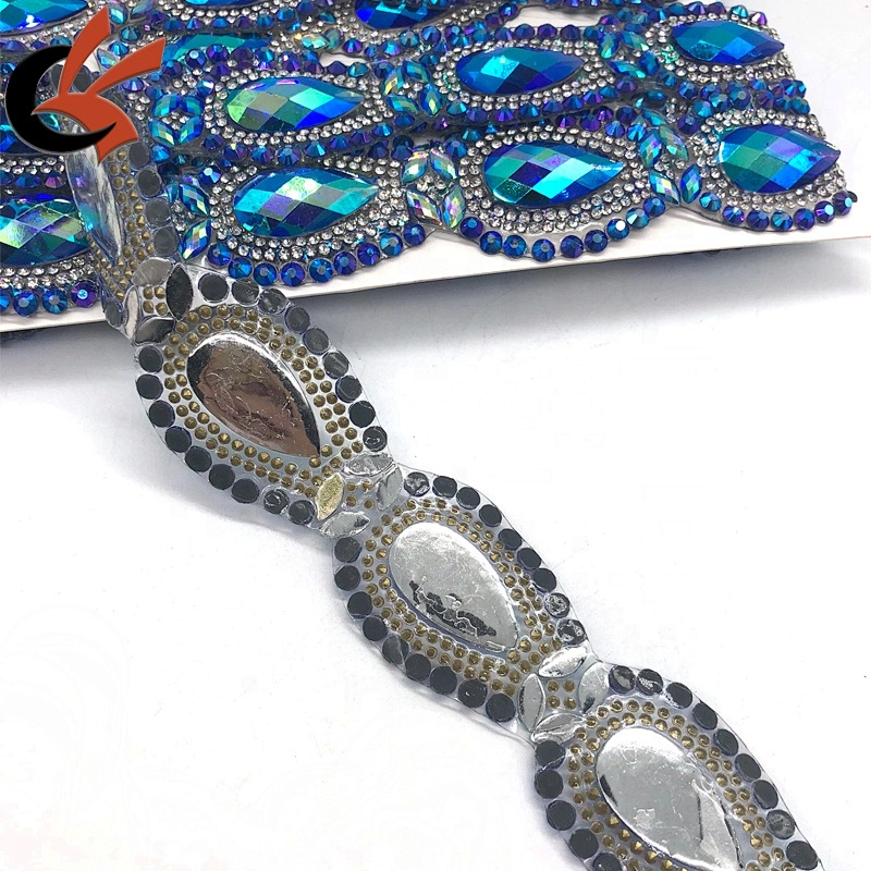 Carnival dress decoration blue AB teardrop shape iron on fancy rhinestone trims