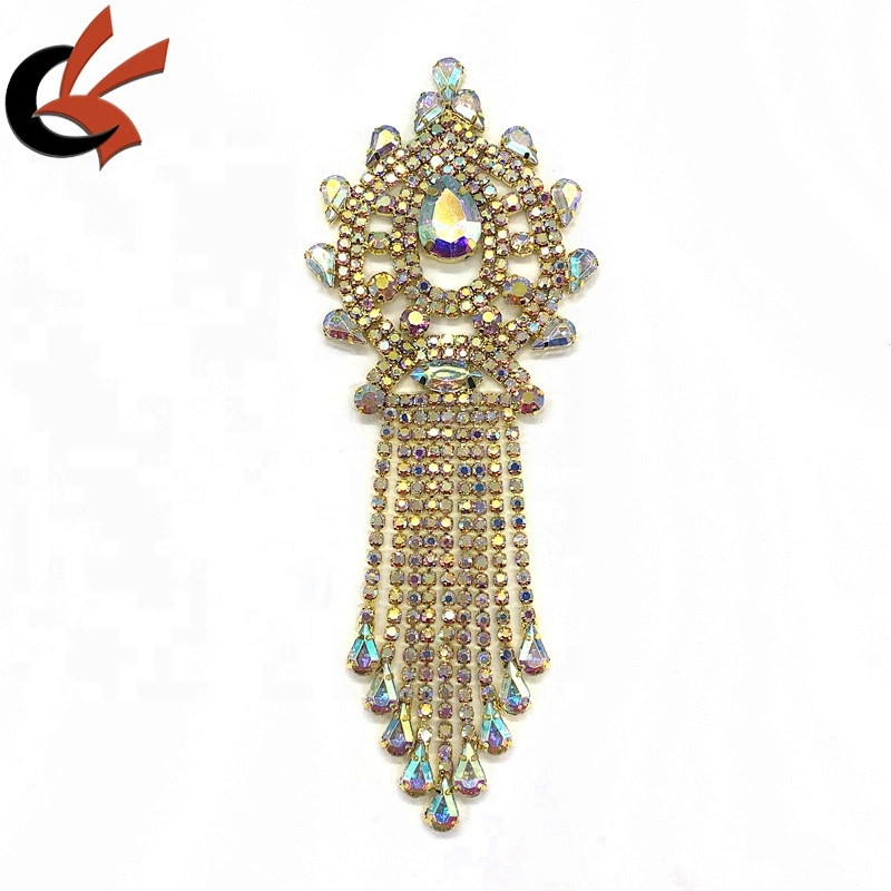 Newest gold base AB clear crystal rhinestone tassel appliques sew on garment Jewelry accessories