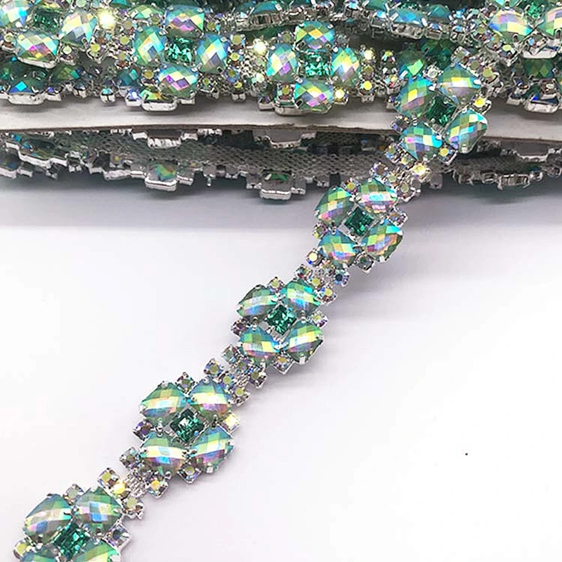 Costume Applique resin AB stone Rhinestone silver Chain Sew On Rhinestone trim for Wedding Cake Decoration