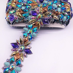 Iron on Colorful AB Rhinestone Trim Chain Strass Banding Resin Applique for Clothes Crafts