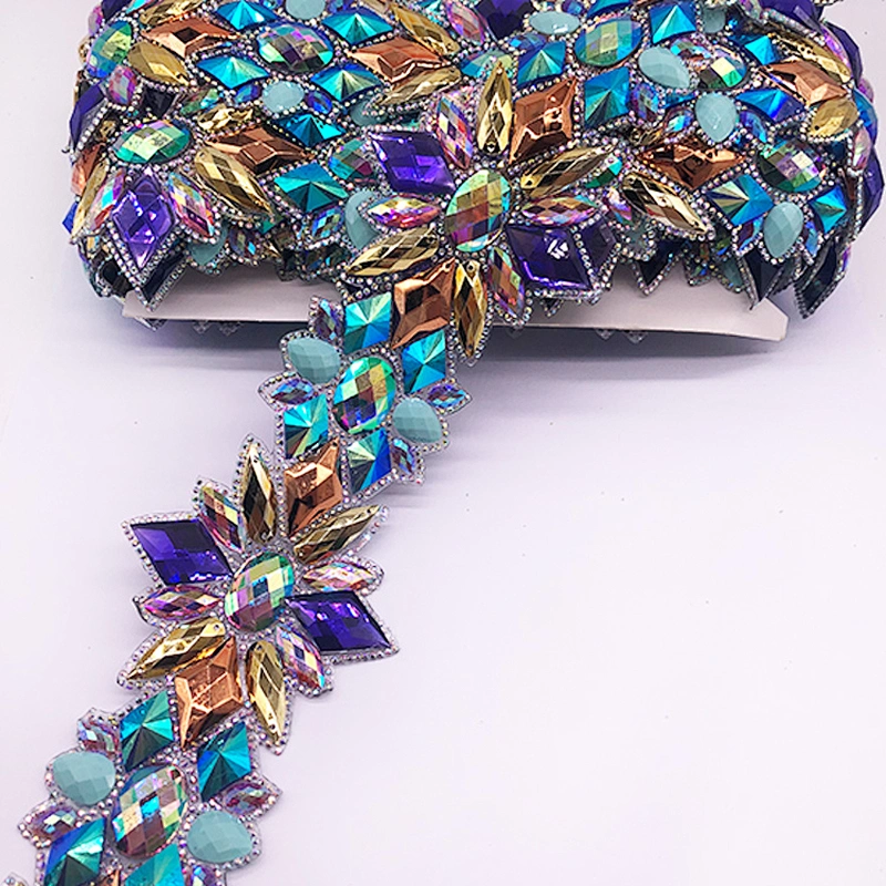 Iron on Colorful AB Rhinestone Trim Chain Strass Banding Resin Applique for Clothes Crafts