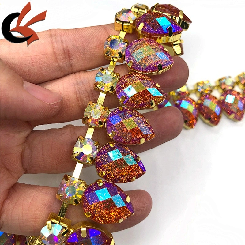 Glitter orange AB resin rhinestone beaded chain trimming