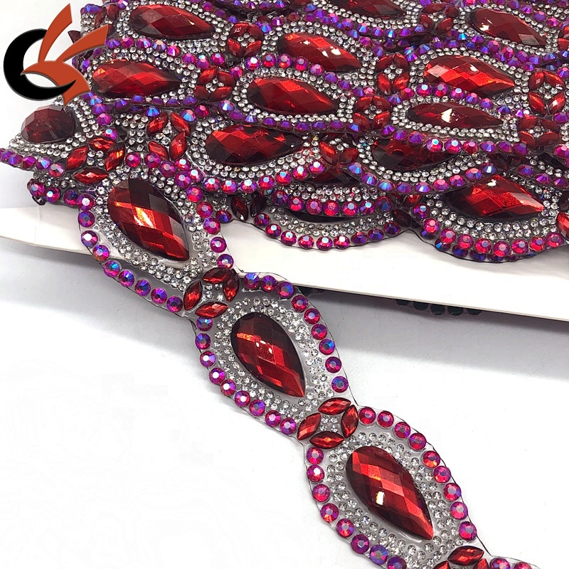 Fashion style Red AB teardrop shape hot fix fancy rhinestone trims