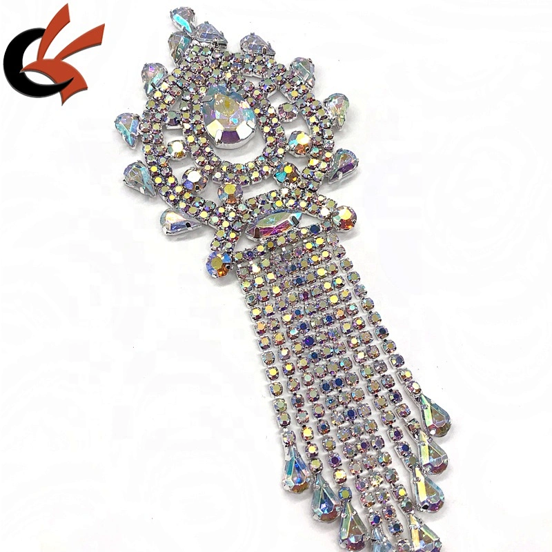 Shining silver base AB clear crystal sewing rhinestone tassel appliques