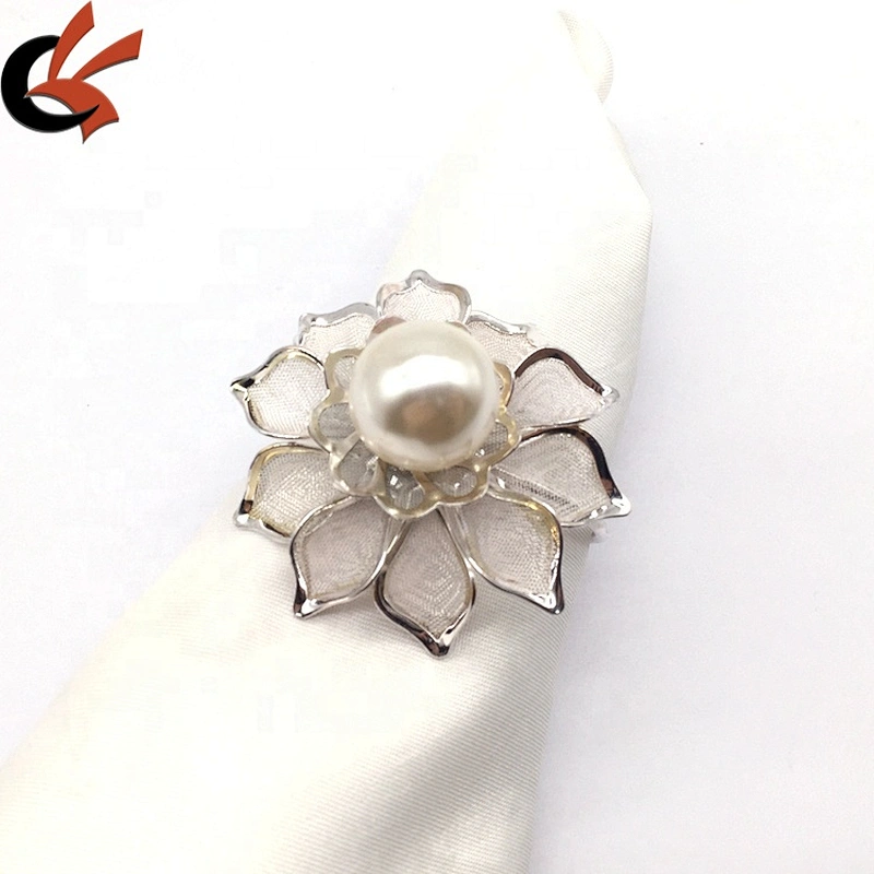 Guangzhou Factory Anniversary Wedding Occasion Silver Lace Lotus Flower Beads Napkin Ring