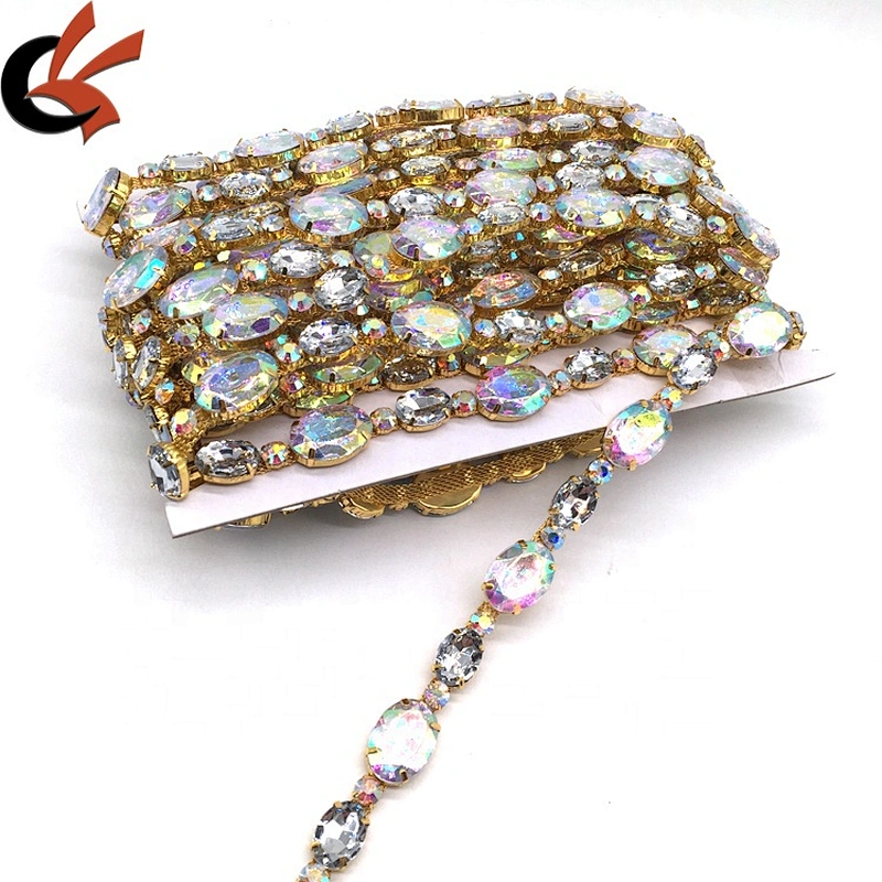 Shiny Oval Shape AB Crystal Acrylic Rhinestones Chain Trimming For Garment Making