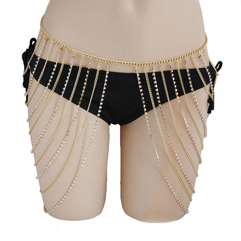Jewelry eye-catching style gold and silver rhinestone strass sexy belly ring multi layer hip body chain