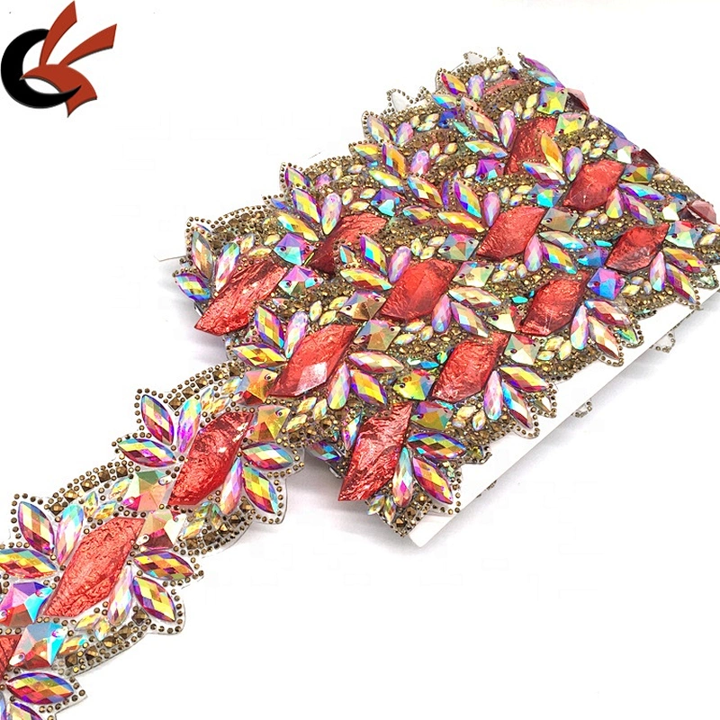 Red hot fix large width crystal beaded resin applique rhinestone chain crystal trim for clothing